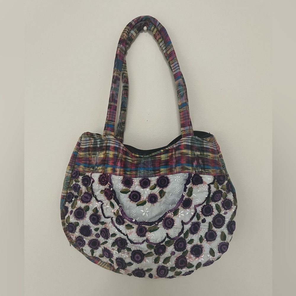 Embroidered Boho Floral Plaid Handbag